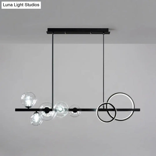 Modern 5-Light Black Metal Pendant Lighting With Spherical Glass For Dining Table Clear