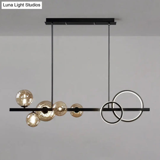 Modern 5-Light Black Metal Pendant Lighting With Spherical Glass For Dining Table Cognac