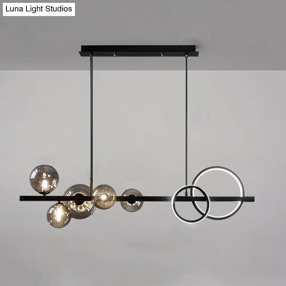 Modern 5-Light Black Metal Pendant Lighting With Spherical Glass For Dining Table Smoke Gray