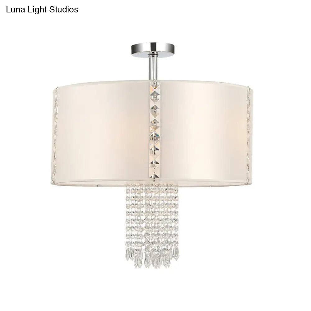Modern 5-Light Chandelier: White Round Drop Pendant With Fabric Shade And Crystal Beads