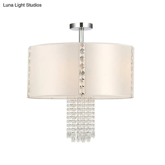 Modern 5-Light Chandelier: White Round Drop Pendant With Fabric Shade And Crystal Beads