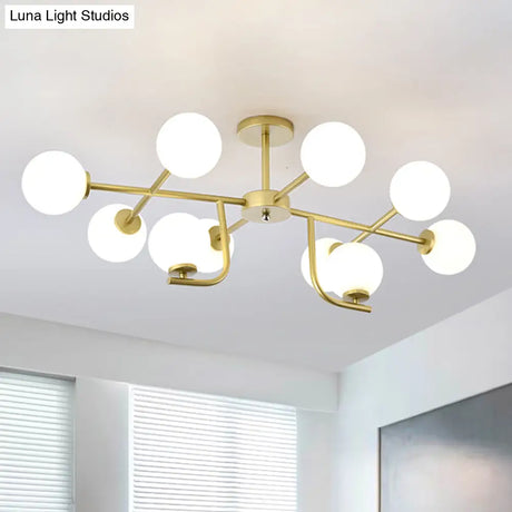 Modern 6/10-Head Metal Semi Flush Mount Ceiling Light With Globe Glass Shade - Gold Finish For