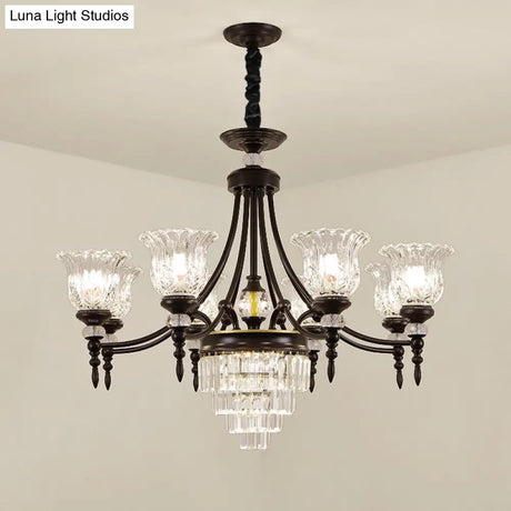 Modern 6/8 Bulbs Chandelier Black Flower Suspension Lamp With Crystal Shade
