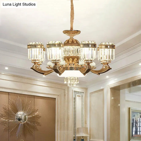 Modern 6/8-Light Gold Chandelier Pendant With Crystal Block Shade For Living Room Ceiling