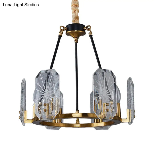 Modern 6-Bulb Geometric Pendulum Light: Clear Crystal Glass Chandelier In Black & Gold