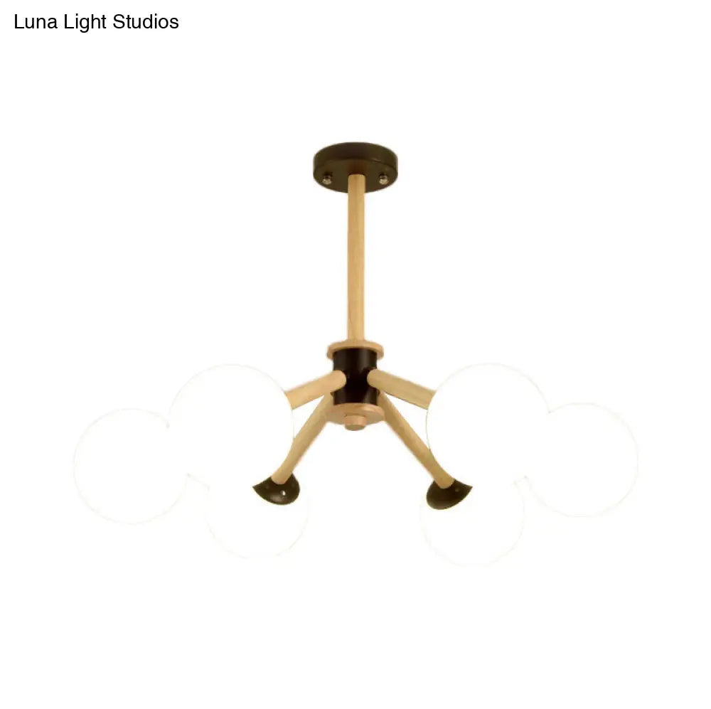 Modern White Glass Grape Ceiling Chandelier With Wood Branch - 6 Lights Suspended Light