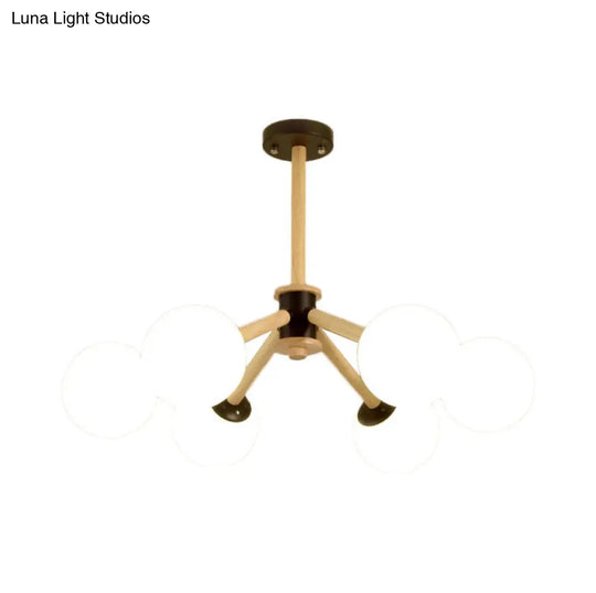 Modern 6-Light Grape Chandelier With Wood Branch And White Glass
