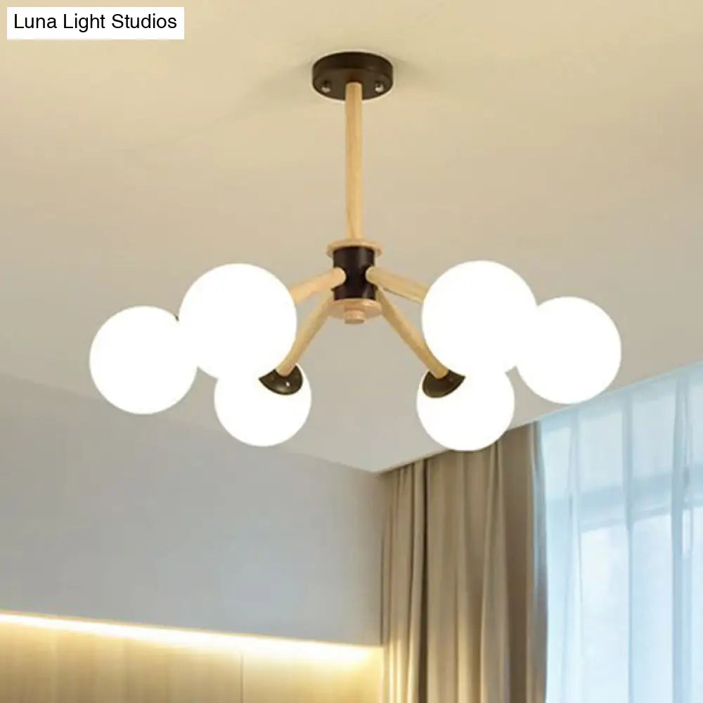 Modern White Glass Grape Ceiling Chandelier With Wood Branch - 6 Lights Suspended Light
