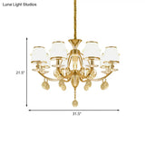 Modern 8-Light Gold Chandelier With White Glass Shade - Cut Crystal Hanging Lamp