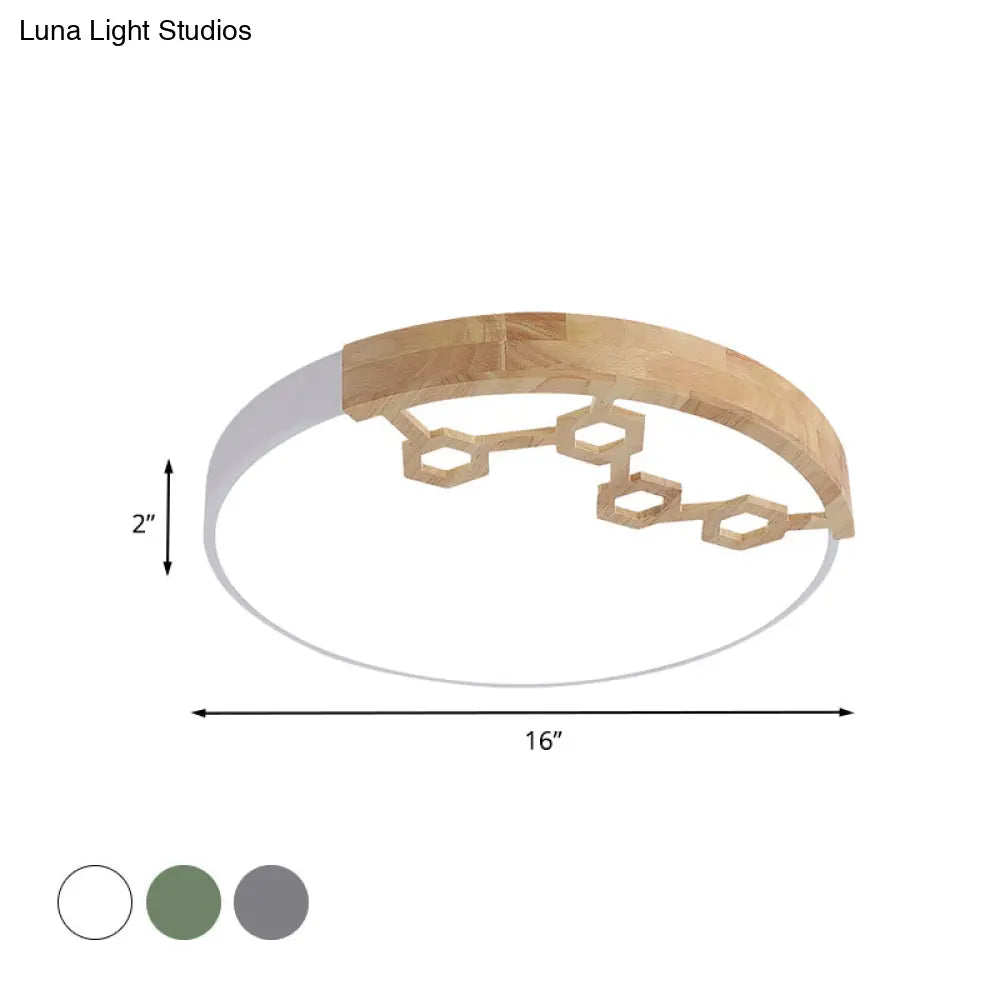 Modern Acrylic Circle Flush Ceiling Light With Wood Design - Led Spotlight In Grey/White/Green