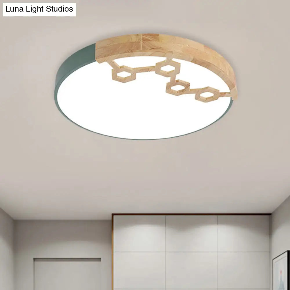 Modern Acrylic Circle Flush Ceiling Light With Wood Design - Led Spotlight In Grey/White/Green