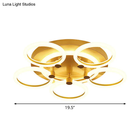 Modern Acrylic Halo Ring Semi Flushmount - Gold Finish Led Lighting 5 Heads Close To Ceiling