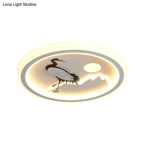 Modern Acrylic Led Ceiling Fixture: Square/Round Flush Mount With White Finish And Bird/Tree Pattern