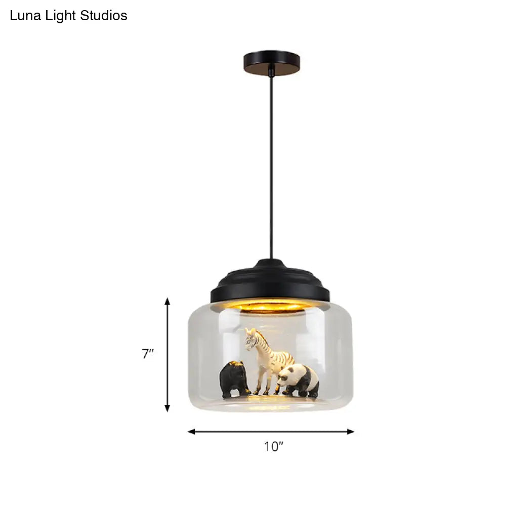 Modern Adjustable Glass Cylinder Bedroom Pendant Lamp With Animal Decor (Random Shipment)
