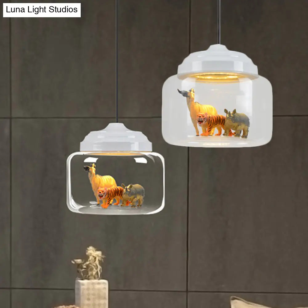 Modern Adjustable Glass Cylinder Bedroom Pendant Lamp With Animal Decor (Random Shipment)