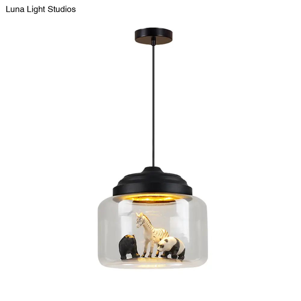 Modern Adjustable Glass Cylinder Bedroom Pendant Lamp With Animal Decor (Random Shipment)