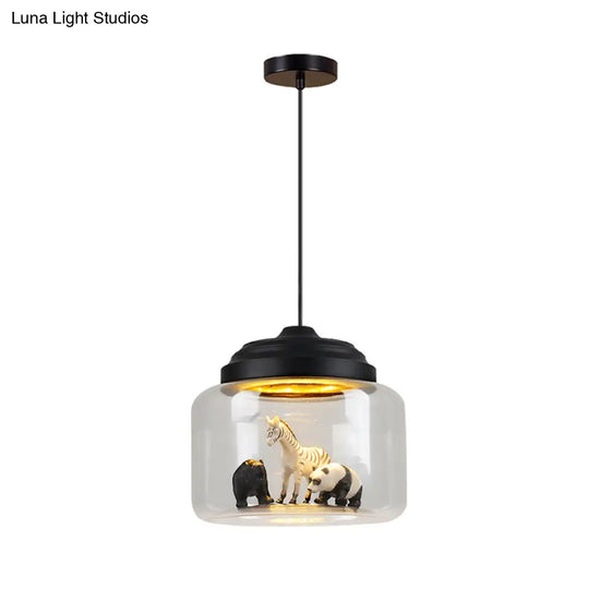 Modern Adjustable Glass Cylinder Bedroom Pendant Lamp With Animal Decor (Random Shipment)