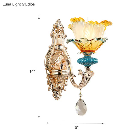 Modern Amber And Blue Glass Wall Sconce With Brass Finish - 1/2 Head Flower Design