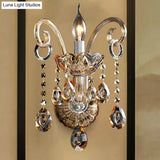 Modern Amber Glass Candle Sconce Wall Light With Crystal Drip Accent - 1/2 Heads Bedroom Fixture