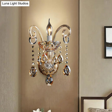 Modern Amber Glass Candle Sconce Wall Light With Crystal Drip Accent - 1/2 Heads Bedroom Fixture
