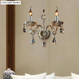 Modern Amber Glass Candle Sconce Wall Light With Crystal Drip Accent - 1/2 Heads Bedroom Fixture