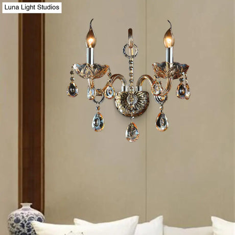 Modern Amber Glass Candle Sconce Wall Light With Crystal Drip Accent - 1/2 Heads Bedroom Fixture
