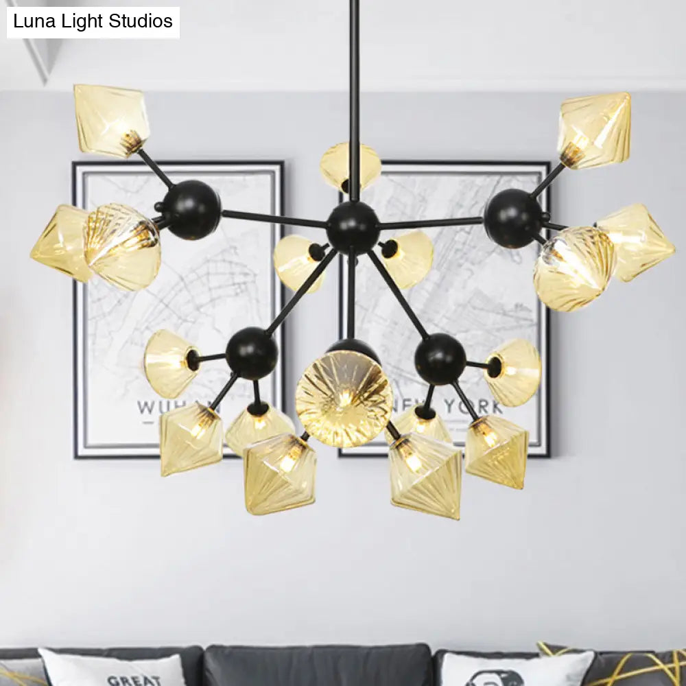 Modern Amber Glass Diamond Chandelier Pendant Light With 18 Heads In Black