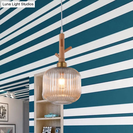 Modern Amber Ribbed Glass Drum Pendant Light - Stylish Ceiling Lamp For Kitchen Island With Wood
