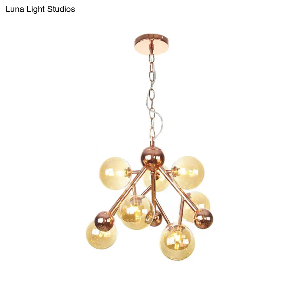 Modern Amber Glass Spherical 9-Light Chandelier For Living Room Ceiling