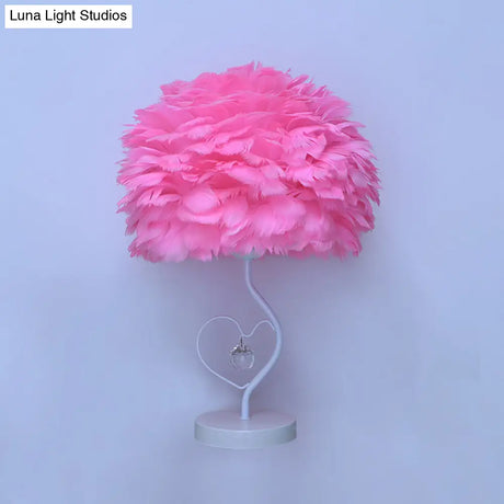 Modern Apricot/Blue/Orange Dome Night Table Light With Feather Shade & Heart Frame - Crystal Orb