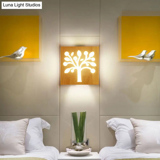Modern Art Deco Led Wall Sconce - Square Flush Mount Wooden Corridor Light Fixture
