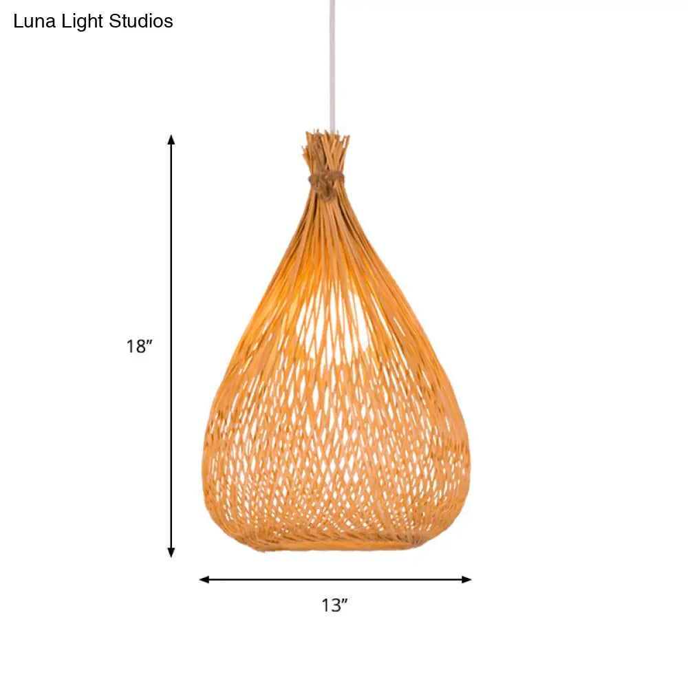 Modern Asian Bamboo Shade Pendant Ceiling Light With Wood Teardrop Design