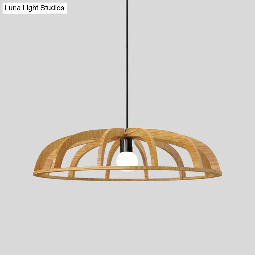 Modern Asian-Inspired Wood Pendant Light With Flat Bowl Frame And 1 Bulb For Hallways