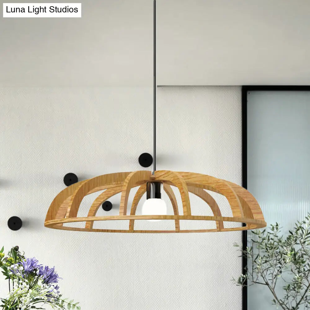 Modern Asian-Inspired Wood Pendant Light With Flat Bowl Frame And 1 Bulb For Hallways