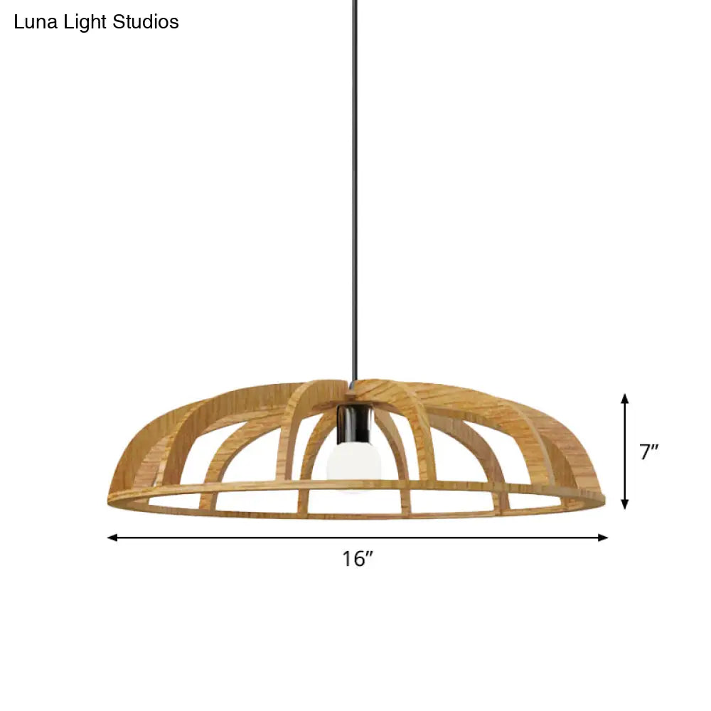 Modern Asian-Inspired Wood Pendant Light With Flat Bowl Frame And 1 Bulb For Hallways