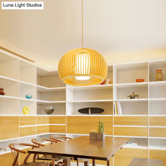 Modern Asian Pendant Light: Wooden Dome Shade For Restaurant Dining Room