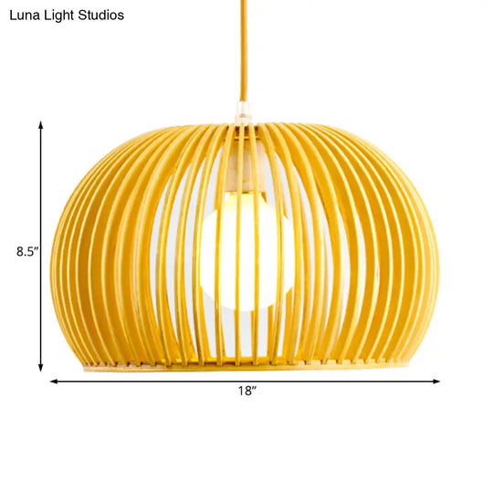 Modern Asian Pendant Light: Wooden Dome Shade For Restaurant Dining Room