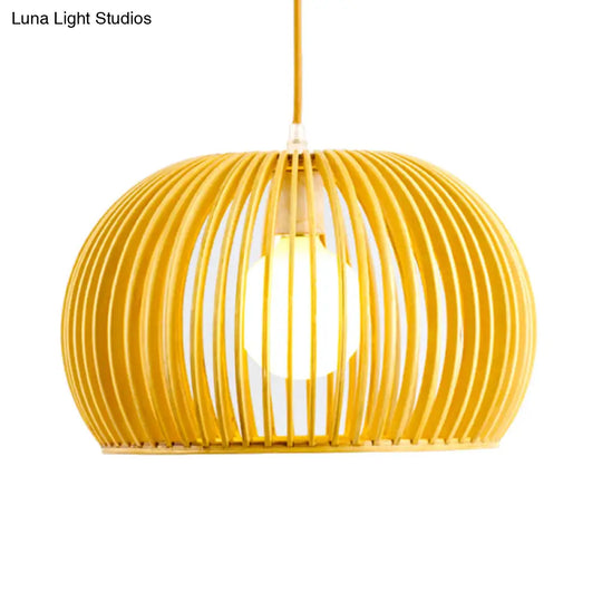 Modern Asian Pendant Light: Wooden Dome Shade For Restaurant Dining Room