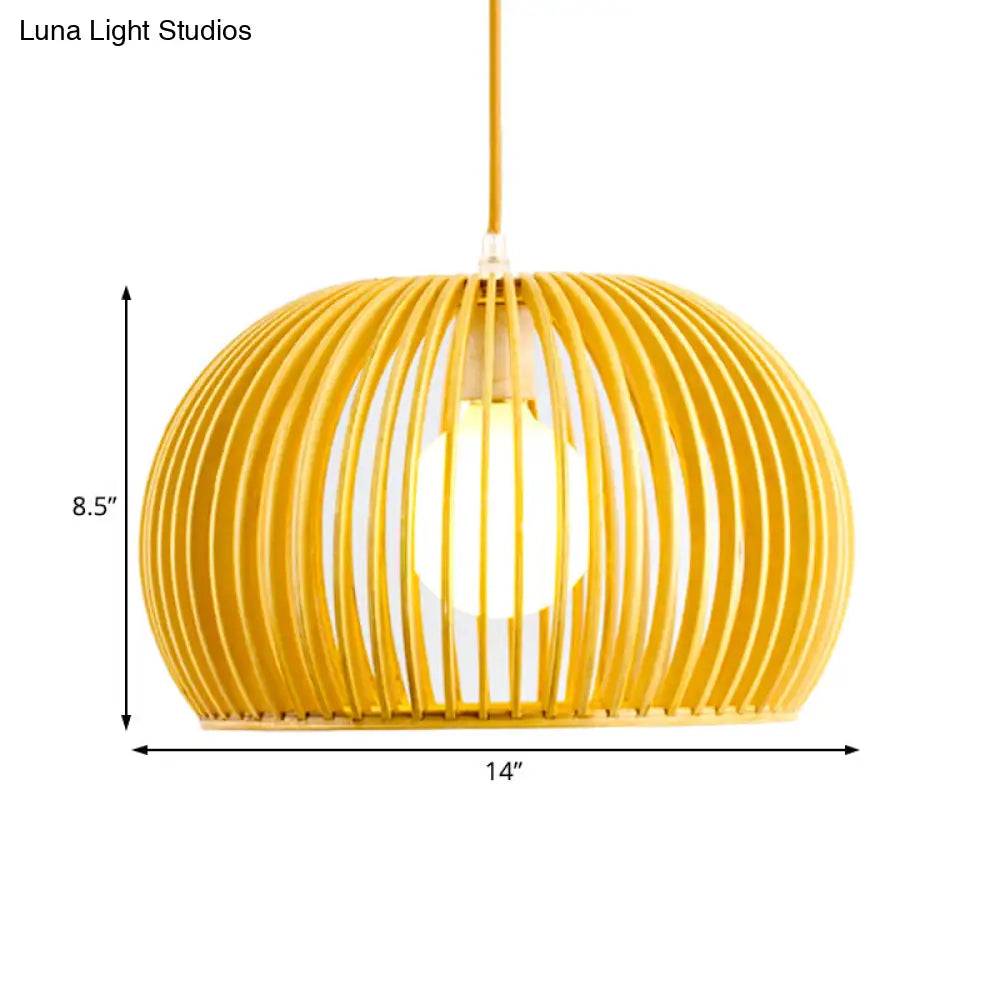 Modern Asian Pendant Light: Wooden Dome Shade For Restaurant Dining Room