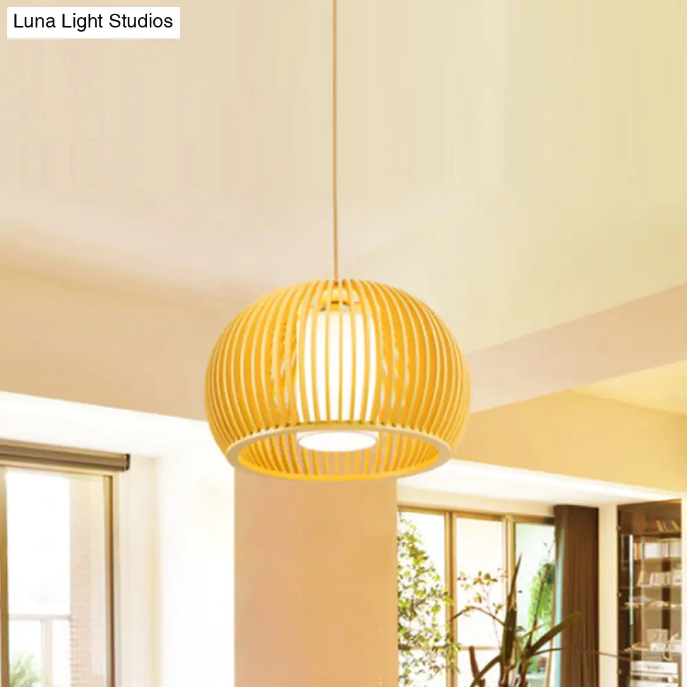 Modern Asian Pendant Light: Wooden Dome Shade For Restaurant Dining Room