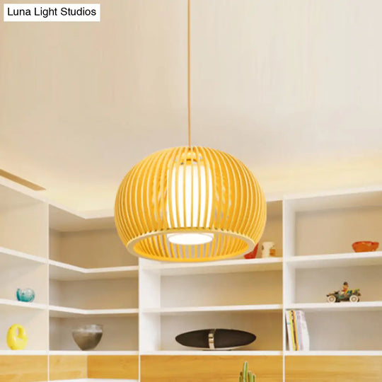 Modern Asian Pendant Light: Wooden Dome Shade For Restaurant Dining Room