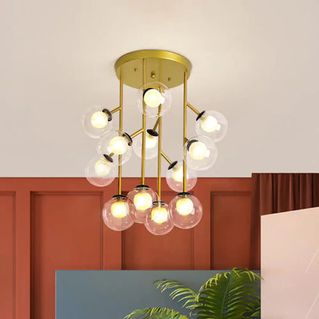 Modern Ball Semi - Mount Clear Glass Ceiling Lamp With Black/Gold Finish - 9/12 Heads Ideal For