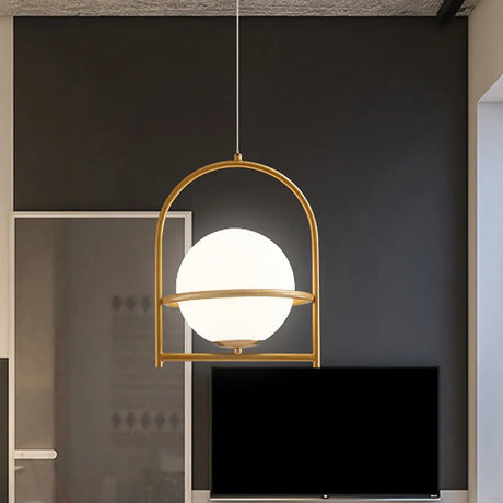 Modern Ball Suspension Light With Birdcage Design Opal Glass 1 Bulb 9’/11’ Wide Bedside Ceiling
