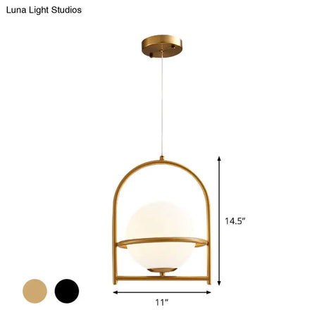 Modern Ball Suspension Light with Birdcage Design Opal Glass 1 Bulb 9’’/11’’ Wide Bedside Ceiling Fixture - Black/Gold