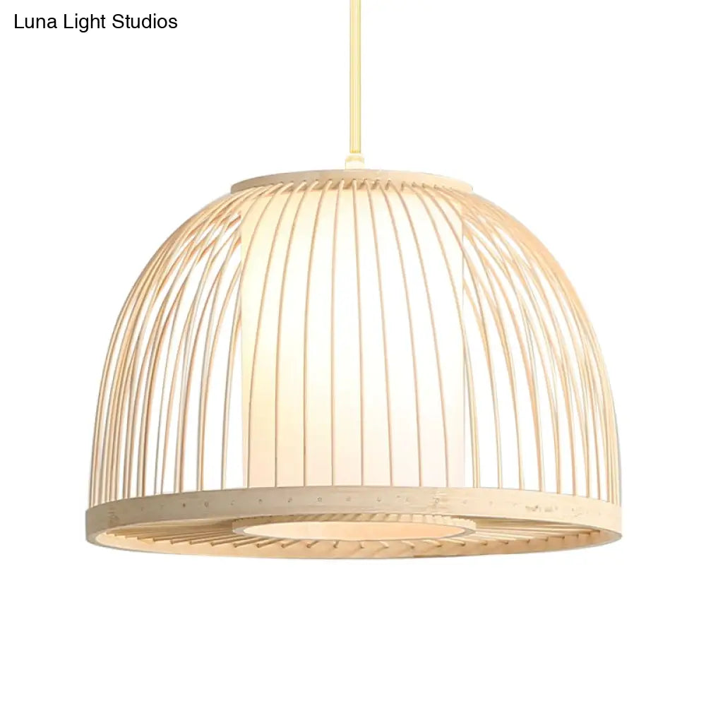 Modern Bamboo Dome Pendant Lamp With Inner Fabric Shade - Wood Ceiling Light 1 Bulb 14/16 Wide
