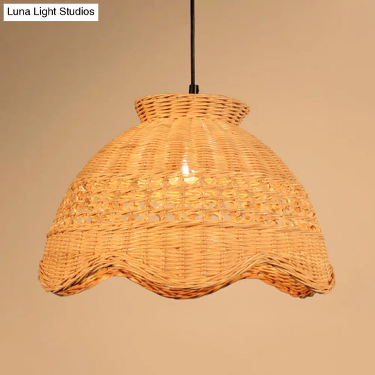 Modern Bamboo Domed Pendant: Stylish Dining Table Lighting Fixture With Scalloped Edge