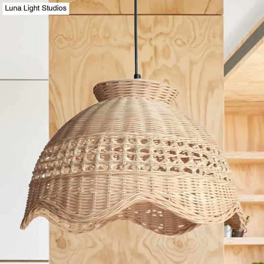Modern Bamboo Domed Pendant: Stylish Dining Table Lighting Fixture With Scalloped Edge