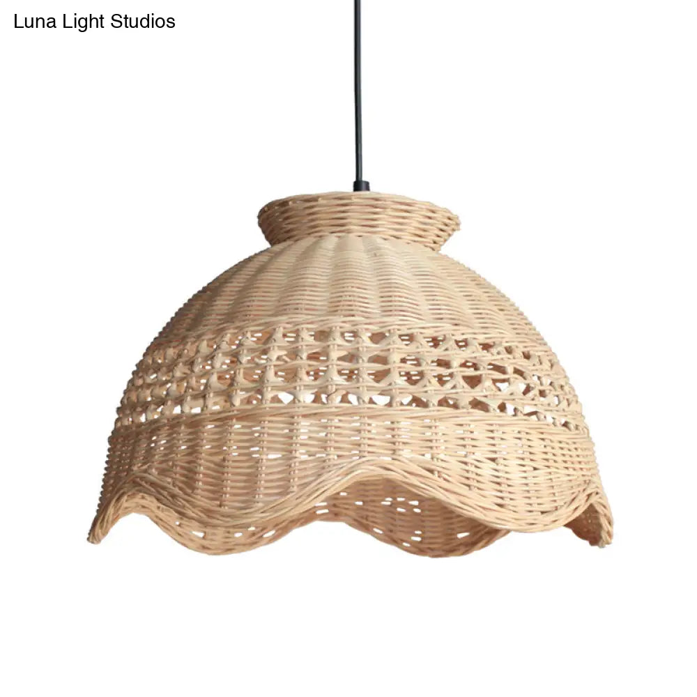 Modern Bamboo Domed Pendant: Stylish Dining Table Lighting Fixture With Scalloped Edge