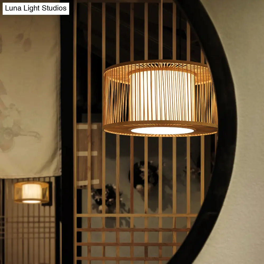 Modern Bamboo Drum Pendant Light - Sleek Round Design For Restaurants Wood Ceiling Hanging