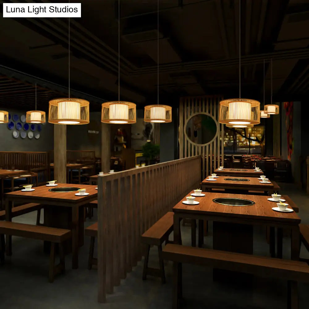 Modern Bamboo Drum Pendant Light - Sleek Round Design For Restaurants Wood Ceiling Hanging